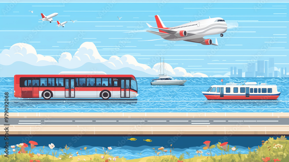 Naklejka premium Illustration of multiple modes of transportation by sea, land and air, airplane, bus, ship and yacht