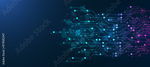 Digital technology abstract background with AI circuit board texture. Technology connected blue lines with electronics elements on tech BG. Semiconductor hardware. Cyber engineering.