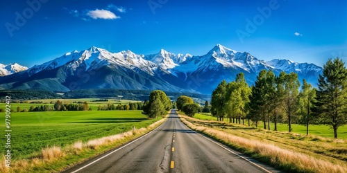 Scenic mountain road with lush green fields and snowy peaks under blue sky