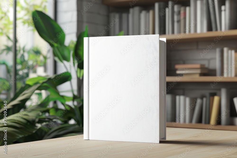 A blank book cover template stands on a wooden surface against a blurry blue background with book shelves. Front view of the magazine. A blank book cover template stands on a wooden surface against a blurry blue background with book shelves. Front view of the magazine.