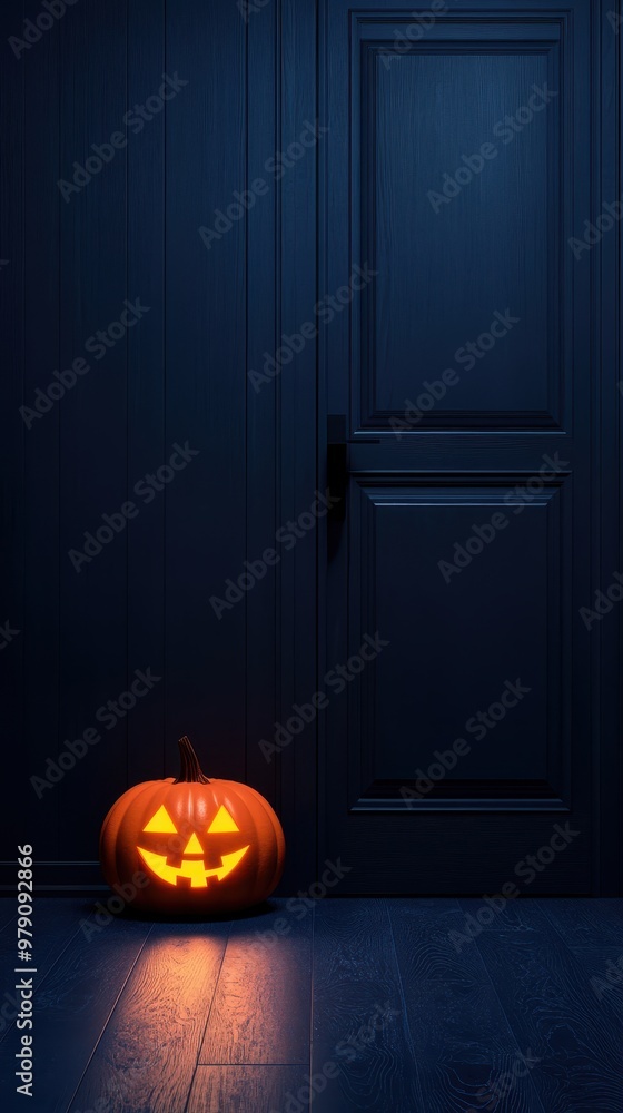 Obraz premium A glowing Halloween pumpkin sits near a dark door, casting eerie shadows in a quiet and spooky setting.