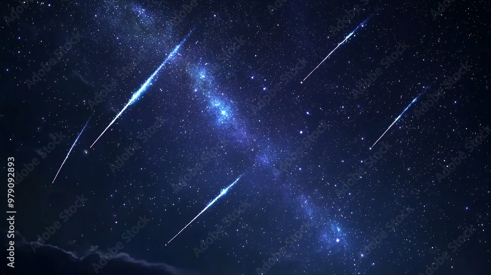 A night sky filled with bright shooting stars and the Milky Way galaxy. A night sky filled with bright shooting stars and the Milky Way galaxy.