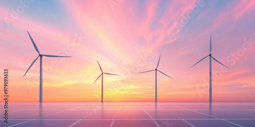 Photovoltaic solar panels installed on the roof of a building to produce green electricity at sunset in pink sunlight. Renewable energy production concept. Solar panels and wind power generation 