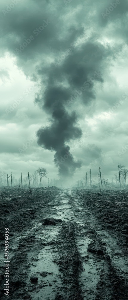 A haunting image of a desolate landscape with a dark smoke plume rising against a gloomy sky, evoking feelings of despair and destruction. A haunting image of a desolate landscape with a dark smoke plume rising against a gloomy sky, evoking feelings of despair and destruction.