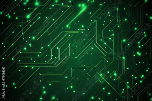 Abstract representation of a circuit board with glowing neon lines and geometric patterns against a dark background. The image evokes a high-tech, futuristic feel with ample copy space 