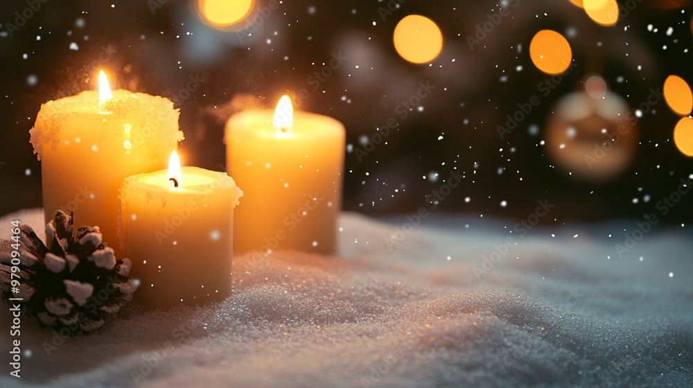 Christmas background with candles on a snow and bokeh .generative ai Christmas background with candles on a snow and bokeh .generative ai