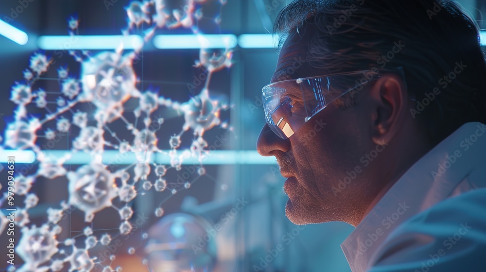 A scientist in a laboratory staring intensely at a floating holographic screen displaying a complex, unknown molecular structure. A scientist in a laboratory staring intensely at a floating holographic screen displaying a complex, unknown molecular structure.