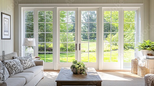A living room with large white french doors leading to a green lawn.