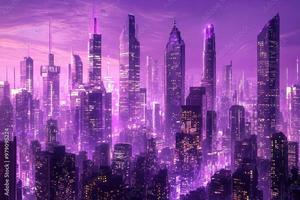 Obraz premium A cityscape with tall buildings lit up in purple hues at dusk.