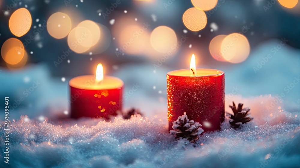 Christmas background with candles on a snow and bokeh .generative ai Christmas background with candles on a snow and bokeh .generative ai