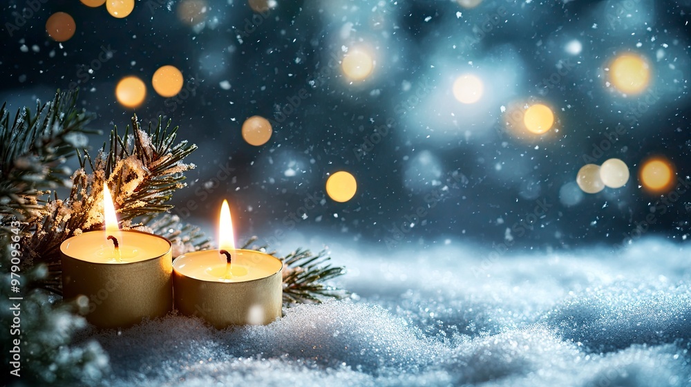Christmas background with candles on a snow and bokeh .generative ai Christmas background with candles on a snow and bokeh .generative ai