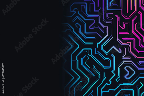 A vector graphic featuring an intricate maze pattern in vibrant neon shades of blue and dark blue on a black background. The angled design adds depth, creating a visually striking abstract composition