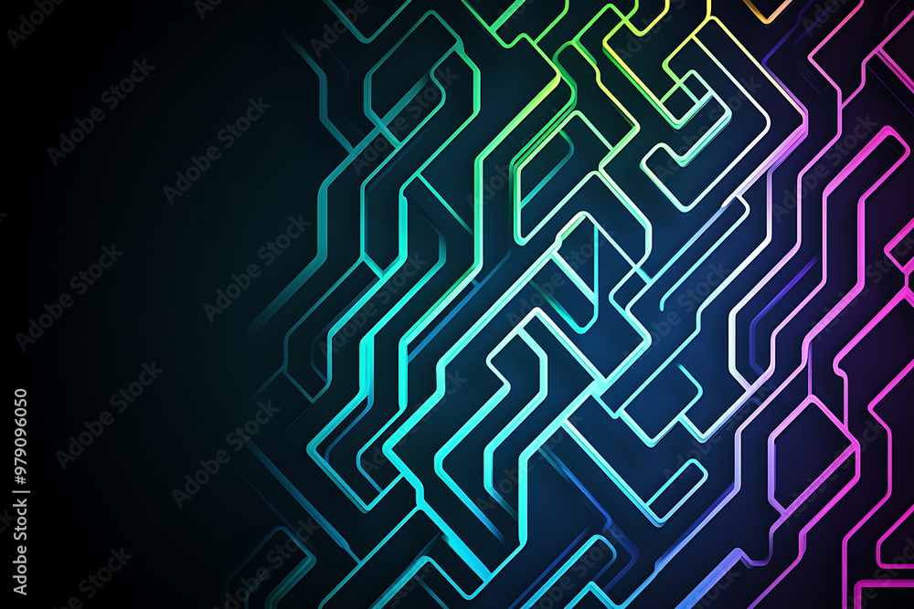 A vector graphic featuring an intricate maze pattern in vibrant neon shades of blue and dark blue on a black background. The angled design adds depth, creating a visually striking abstract composition A vector graphic featuring an intricate maze pattern in vibrant neon shades of blue and dark blue on a black background. The angled design adds depth, creating a visually striking abstract composition