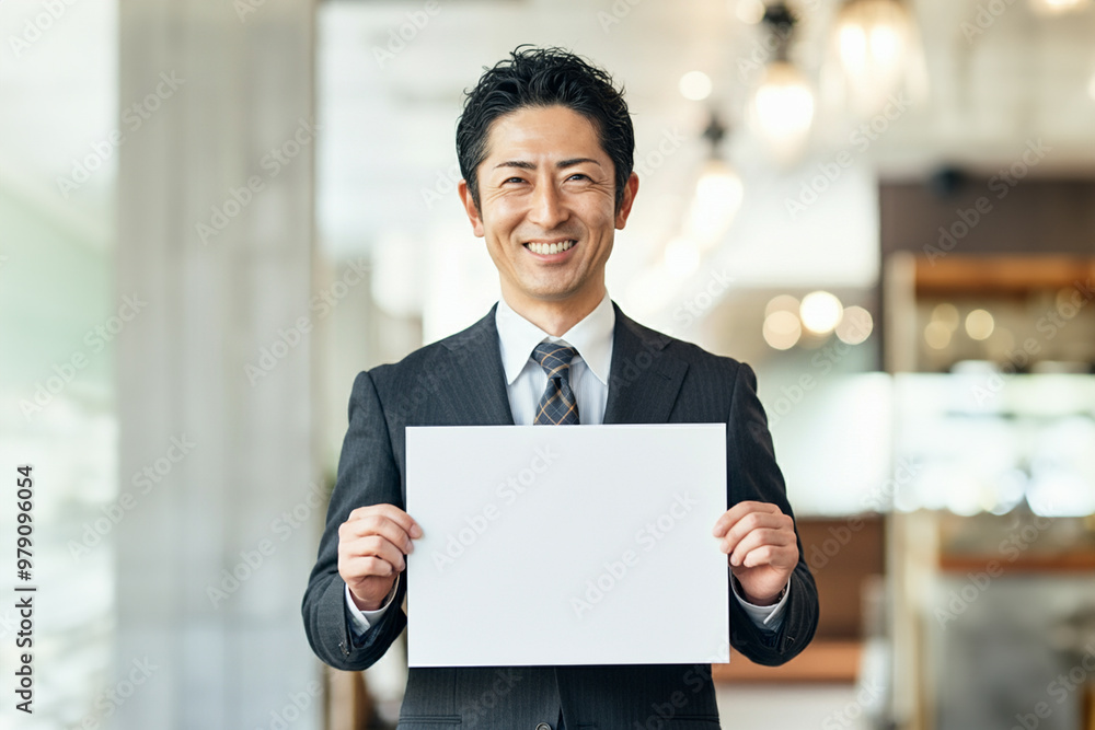 白紙の紙を正面に持つ男性 白紙の紙を正面に持つ男性
