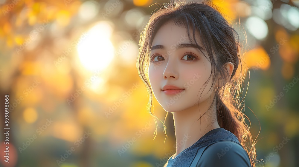 A young woman with long dark hair and a warm smile looks at the camera in a golden forest. A young woman with long dark hair and a warm smile looks at the camera in a golden forest.