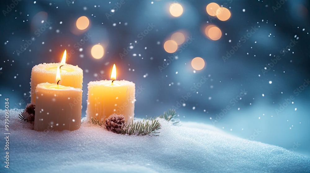 Christmas background with candles on a snow and bokeh .generative ai Christmas background with candles on a snow and bokeh .generative ai