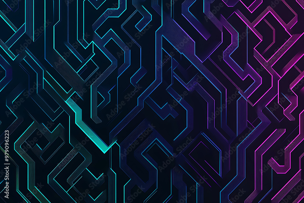 A vector graphic featuring an intricate maze pattern in vibrant neon shades of blue and dark blue on a black background. The angled design adds depth, creating a visually striking abstract composition A vector graphic featuring an intricate maze pattern in vibrant neon shades of blue and dark blue on a black background. The angled design adds depth, creating a visually striking abstract composition