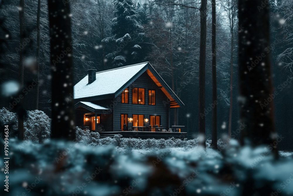 Φωτογραφία Cozy wooden cabin in a snowy forest at dusk with warm lights glowing from the windows, surrounded by tall trees and a serene winter landscape