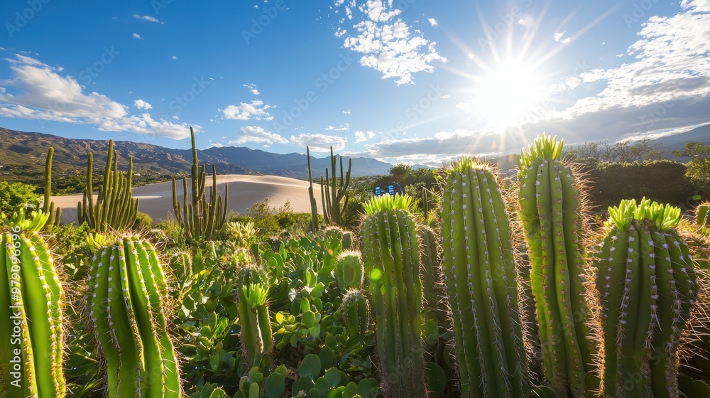 Cactus Desert Landscape with Sunny Sky and Sand Dunes Cactus Desert Landscape with Sunny Sky and Sand Dunes
