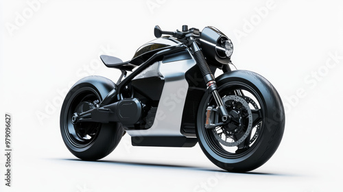 "A mock-up of a sleek, modern electric motorcycle isolated on a white background. The design features a streamlined body, emphasizing its electric components, with smooth curves and minimalistic 