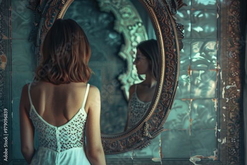 A woman standing in front of an ancient, ornate mirror, her reflection showing something entirely different from the reality around her, piquing her curiosity. photo