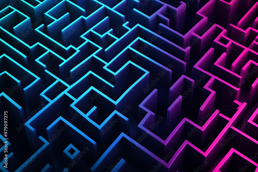 A vector graphic featuring an intricate maze pattern in vibrant neon shades of blue and dark blue on a black background. The angled design adds depth, creating a visually striking abstract composition A vector graphic featuring an intricate maze pattern in vibrant neon shades of blue and dark blue on a black background. The angled design adds depth, creating a visually striking abstract composition