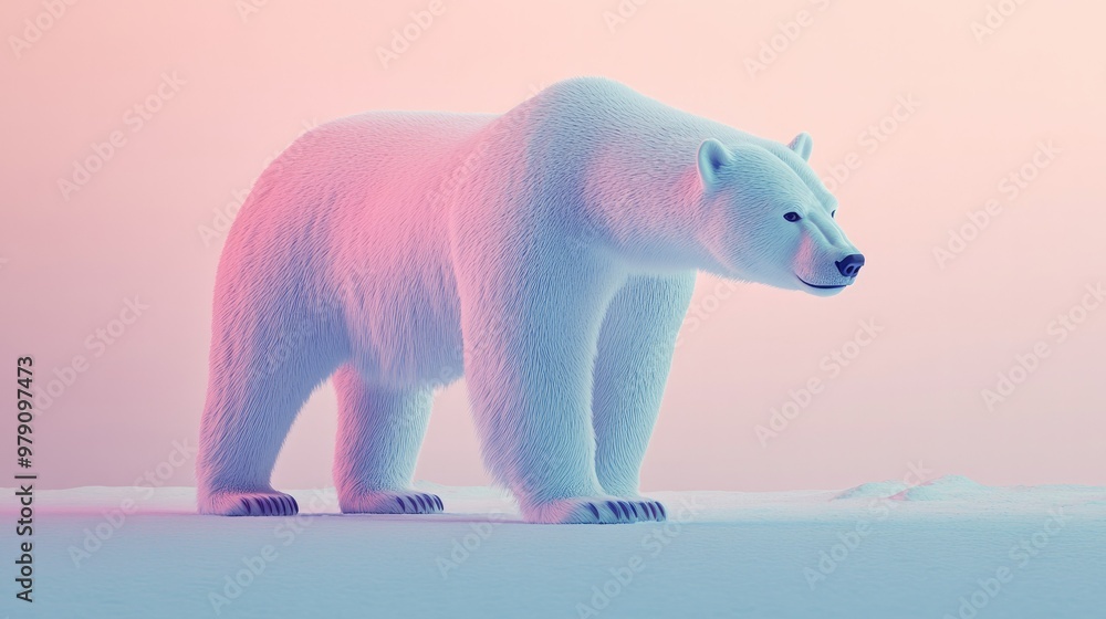 Fototapeta premium A majestic 3D polar bear standing on the right with a soft pastel background, symbolizing the awe-inspiring creatures of the Arctic in a zoo setting