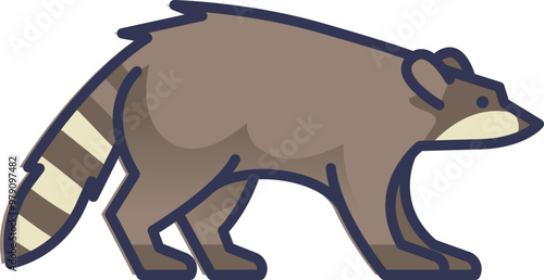Illustration of a raccoon in side view, showcasing its distinctive striped tail and curious posture.