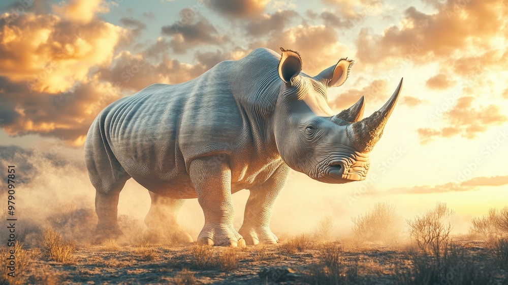 Fototapeta premium A majestic 3D rhinoceros with a soft pastel background on the right, showcasing the power and resilience of this endangered zoo species