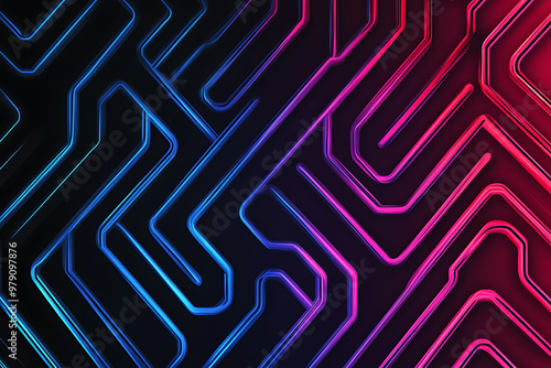 A vector graphic featuring an intricate maze pattern in vibrant neon shades of blue and dark blue on a black background. The angled design adds depth, creating a visually striking abstract composition