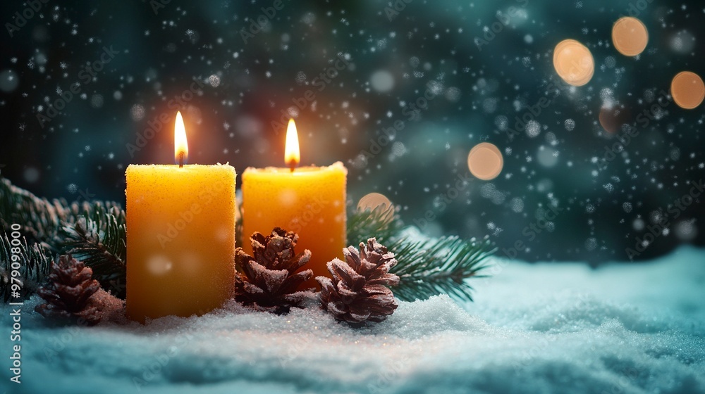 Christmas background with candles on a snow and bokeh .generative ai Christmas background with candles on a snow and bokeh .generative ai