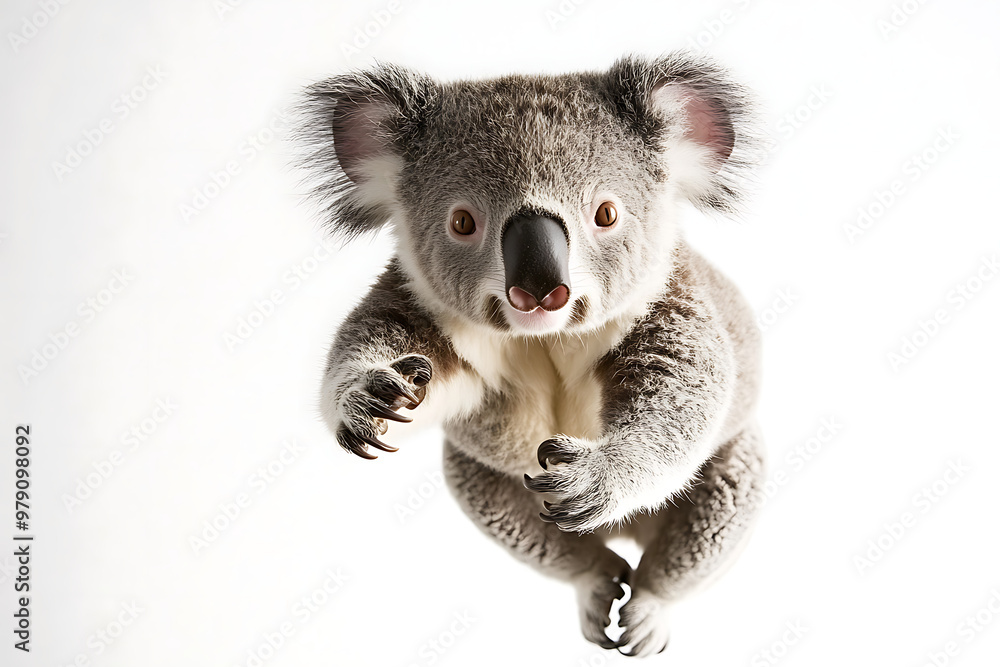 A playful koala appears to jump towards the viewer, showcasing its cute features. A playful koala appears to jump towards the viewer, showcasing its cute features.