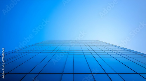 A Low Angle View of a Modern Building with a Blue Glass Facade Against a Bright Blue Sky