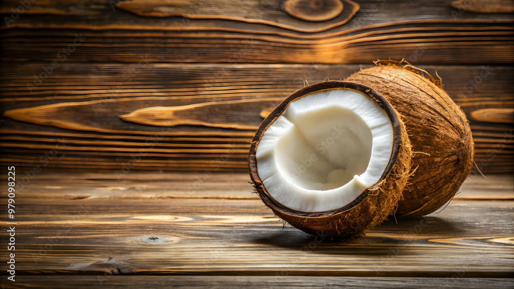 Coconut opened on natural wooden background, coconut, tropical, fruit, fresh, organic, healthy, refreshment, wooden, table, natural Coconut opened on natural wooden background, coconut, tropical, fruit, fresh, organic, healthy, refreshment, wooden, table, natural
