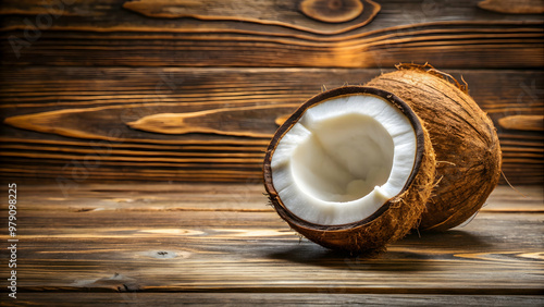 Coconut opened on natural wooden background, coconut, tropical, fruit, fresh, organic, healthy, refreshment, wooden, table, natural