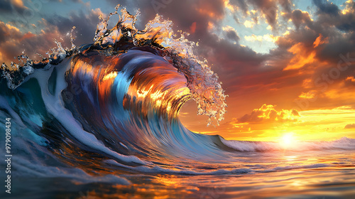 A Majestic Ocean Wave Crashing During a Vibrant Sunset, Creating a Stunning Display of Colors and Movement.