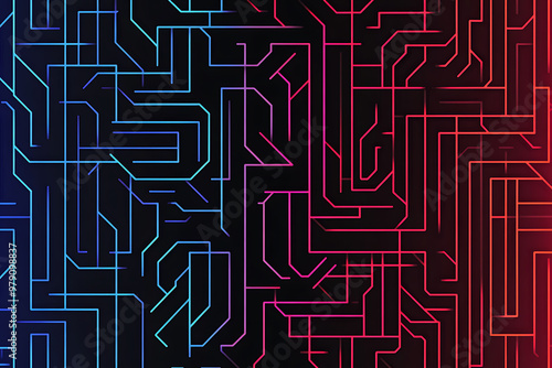 A vector graphic featuring an intricate maze pattern in vibrant neon shades of blue and dark blue on a black background. The angled design adds depth, creating a visually striking abstract composition