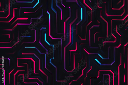 A vector graphic featuring an intricate maze pattern in vibrant neon shades of blue and dark blue on a black background. The angled design adds depth, creating a visually striking abstract composition