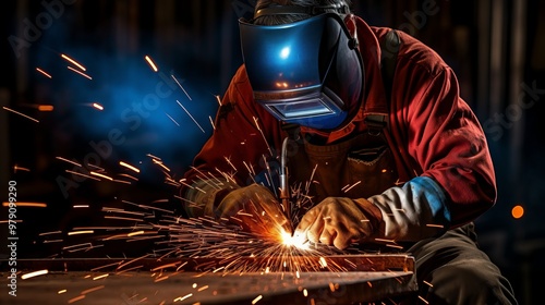 Welder working diligently at night in a workshop, sparks flying during metal fabrication