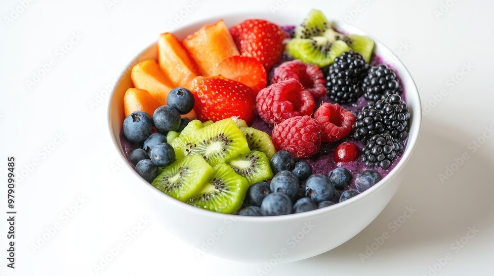 A nutrient-packed acai bowl with a mix of vibrant fruits, isolated on a simple white background for a clean and fresh look A nutrient-packed acai bowl with a mix of vibrant fruits, isolated on a simple white background for a clean and fresh look