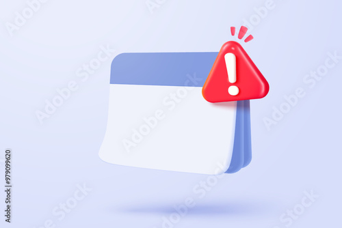 3d calendar date and time for reminder day in purple background. Calendar with red danger attention bell or emergency notifications alert concept. 3d alarm warning icon vector render illustration