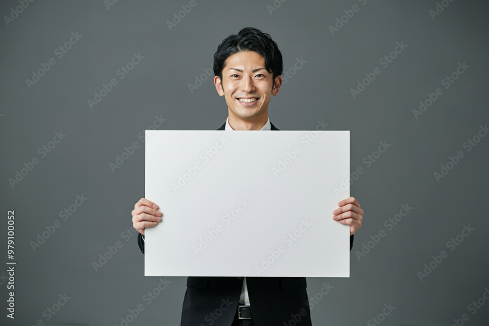 白紙の紙を正面に持つ男性