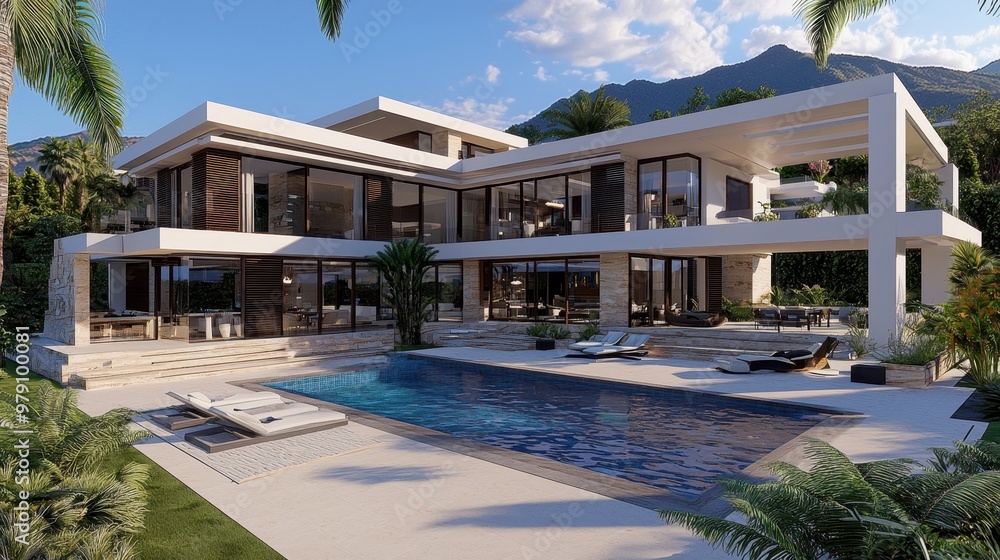 Fototapeta premium Modern Luxury Villa with Swimming Pool and Mountain View