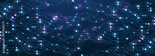 Digital technology abstract background with AI circuit board texture. Technology connected blue lines with electronics elements on tech BG. Semiconductor hardware. Cyber engineering.