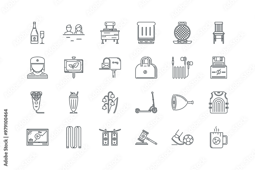 Armchair, Beach, Bin, Boat, Bread, Chair, Cheese, Coconut, Coconut, Desk, vector illustration, set of icons for business Armchair, Beach, Bin, Boat, Bread, Chair, Cheese, Coconut, Coconut, Desk, vector illustration, set of icons for business