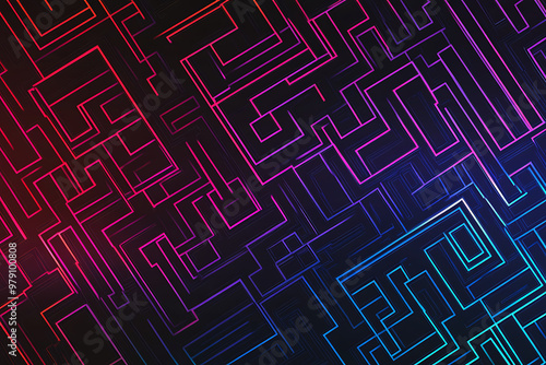 A vector graphic featuring an intricate maze pattern in vibrant neon shades of blue and dark blue on a black background. The angled design adds depth, creating a visually striking abstract composition