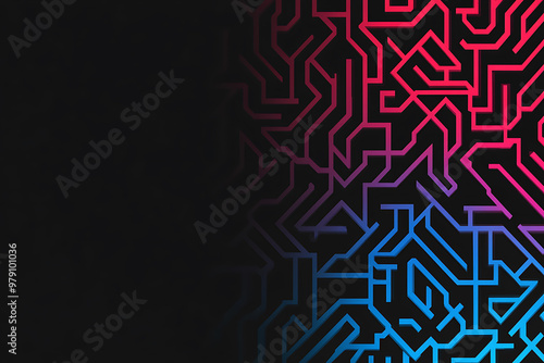 A vector graphic featuring an intricate maze pattern in vibrant neon shades of blue and dark blue on a black background. The angled design adds depth, creating a visually striking abstract composition