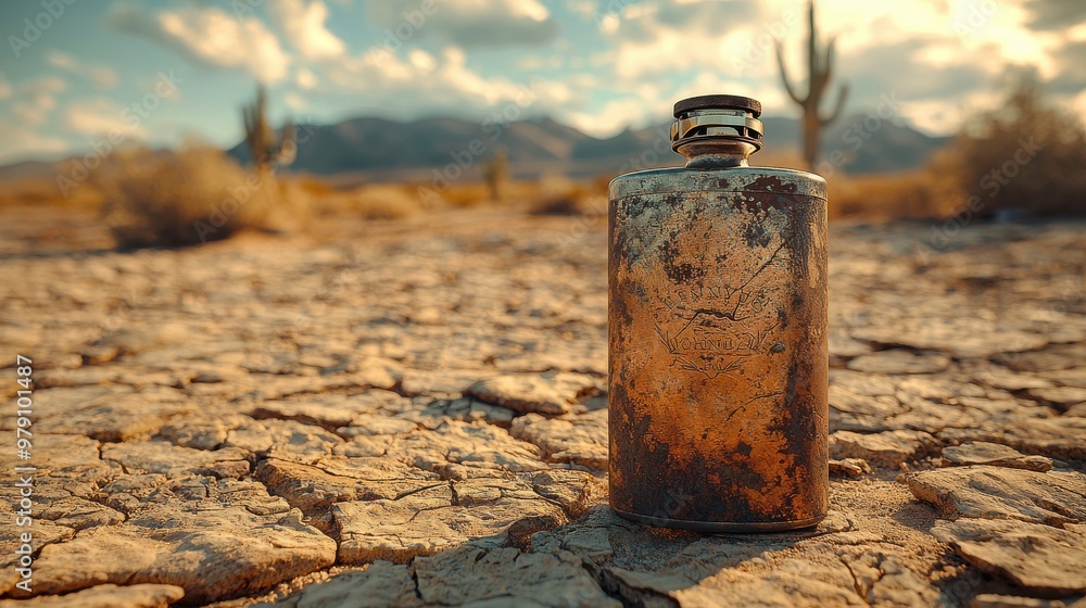 Rusty metal cowboy flask on cracked desert ground Rusty metal cowboy flask on cracked desert ground