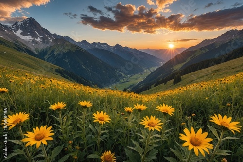 the sun sets behind the mountain ranges above the blooming arnica valley