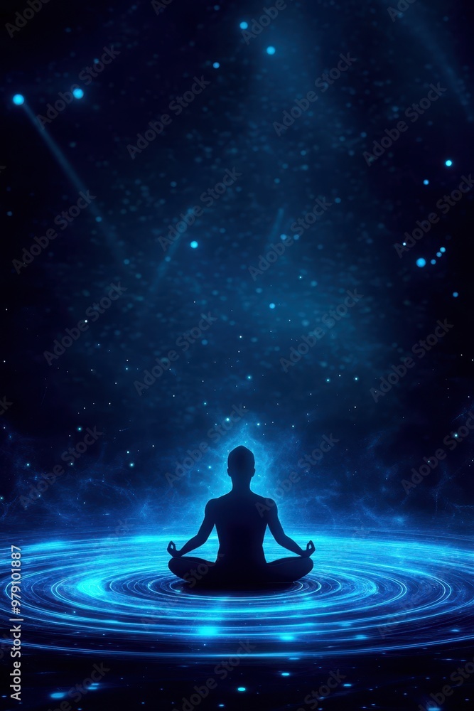 A serene figure meditates in a cosmic environment, surrounded by glowing blue light and stars, promoting peace and mindfulness. A serene figure meditates in a cosmic environment, surrounded by glowing blue light and stars, promoting peace and mindfulness.